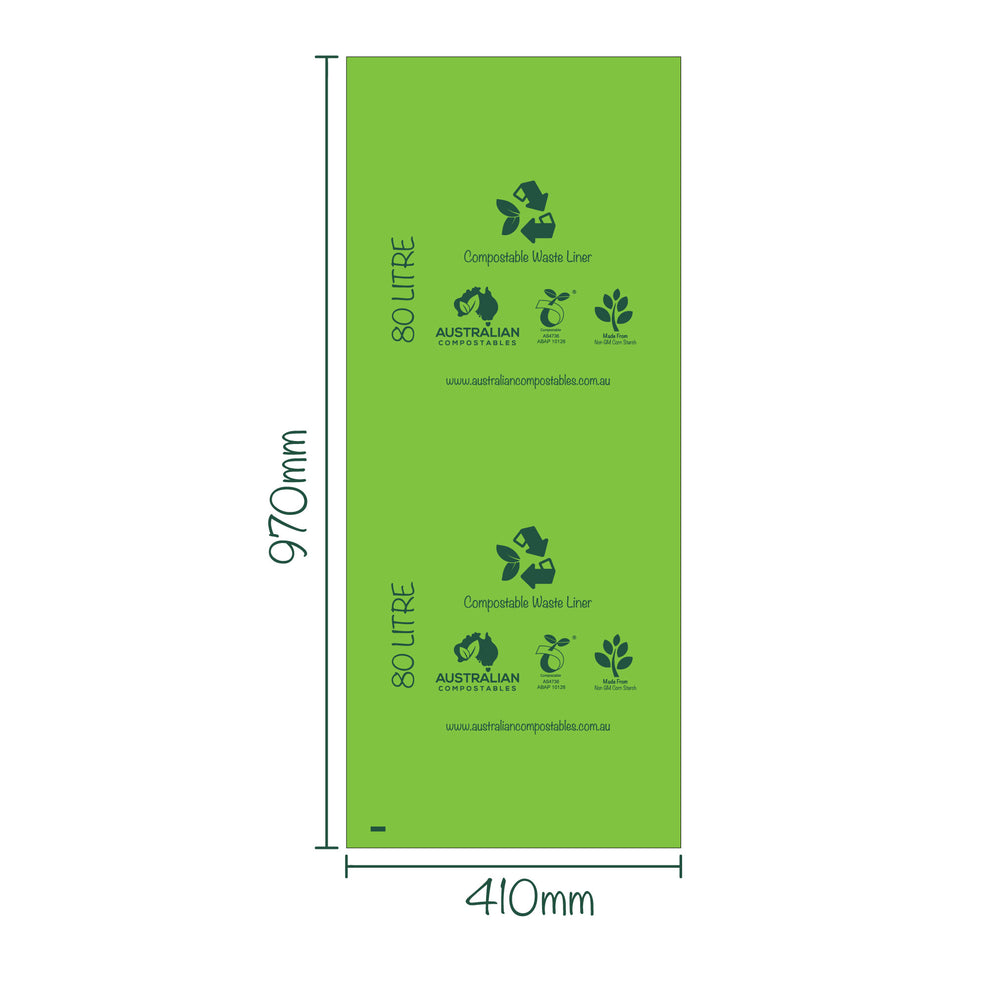 80 Litre Compostable Bin Liners Roll of 10 Bags AS4736 Certified